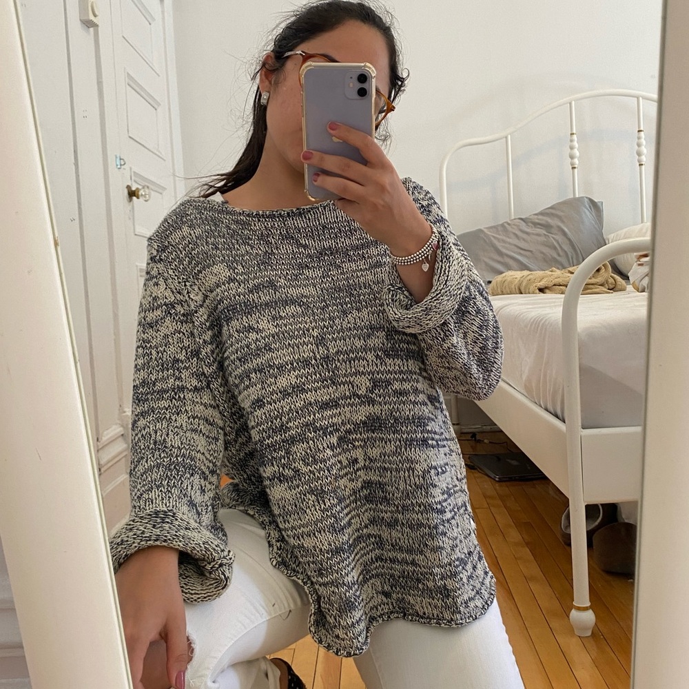 LINEN!! Ann Taylor black a blue sweater